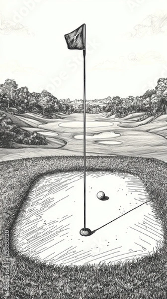 Obraz black and white sketch of classic golf scene featuring flag, ball, and lush landscape