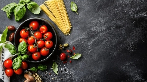 Fototapeta Whole wheat spaghetti with fresh ingredients cherry tomatoes olives and basil arranged beautifully on a dark stone background
