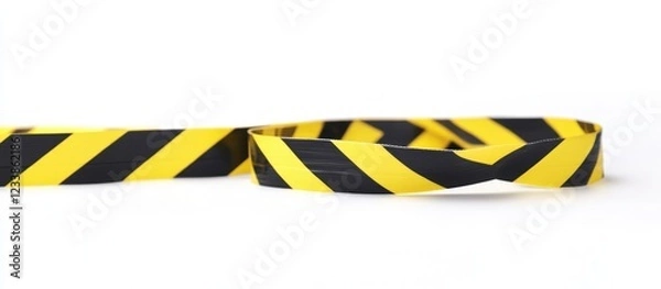 Fototapeta Caution barrier tape in a spiral arrangement on white background with space for text or information on safety and hazard warnings