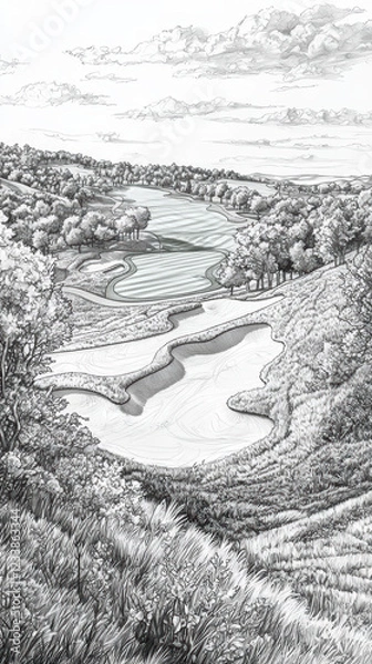 Obraz monochromatic pencil sketch of golf course landscape featuring rolling hills, water features, and trees, evoking serene atmosphere