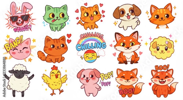 Fototapeta A grid of cartoon animals with expressive faces, including a pink bunny, orange cats, a green cat, a brown and white puppy, a fox, a fluffy sheep, a chicken, a pink puppy, and a smiling sun with a rai