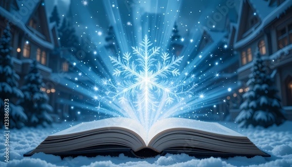 Fototapeta Open book with glowing snowflake, winter scene