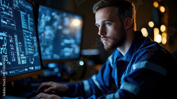Fototapeta focused engineer working on refinery automation at night, surrounded by screens displaying data and graphs