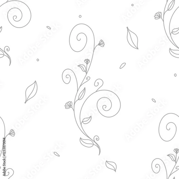 Obraz Floral seamless pattern, Elegant floral pattern, grey line art of vines, leaves, and flowers on a seamless repeat background