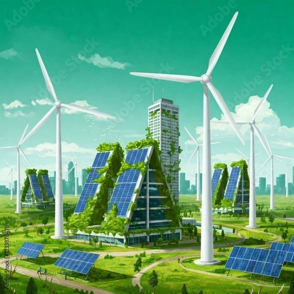 Fototapeta Green city powered by solar panels and wind turbines embracing sustainable future