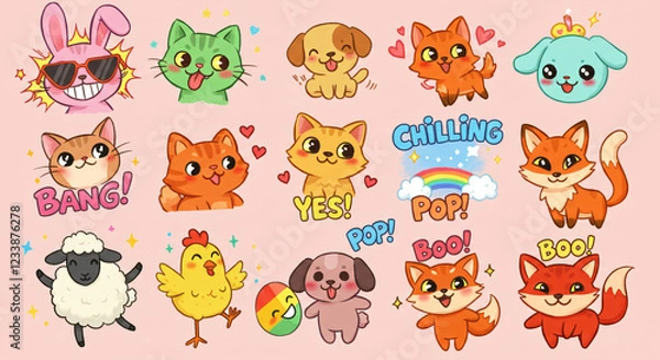 Fototapeta Illustration of cute cartoon animals and characters on a pastel pink background with words like YES!, BANG!, CHILLING, and BOO!.
