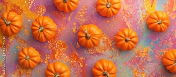 Fototapeta Mini pumpkins on colorful abstract background with textured paint splatters