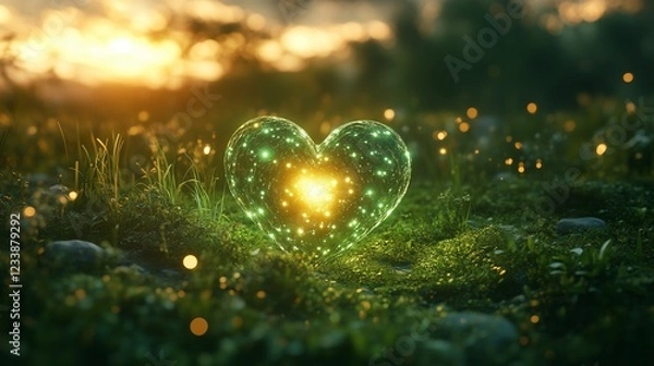 Fototapeta A mystical heart chakra symbol glowing brilliantly in a verdant meadow,