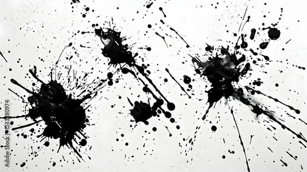 Fototapeta Abstract black paint splatters on a white background, creating a dynamic visual effect.