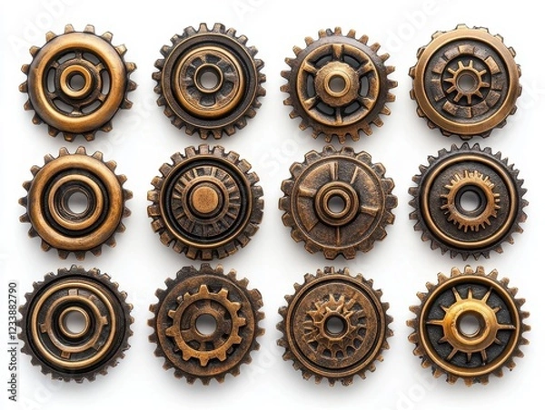 Obraz A collection of decorative metallic gears with a vintage design.