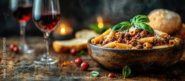 Obraz Delicious plate of pasta with meat sauce garnished with fresh basil served with red wine in glasses on rustic wooden table Copy Space
