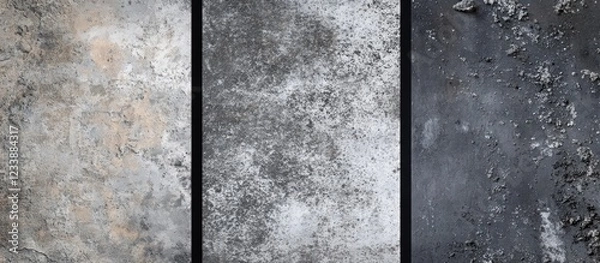 Fototapeta Three textured concrete wall backgrounds showcasing different color variations and surface imperfections, suitable for design needs. Copy Space