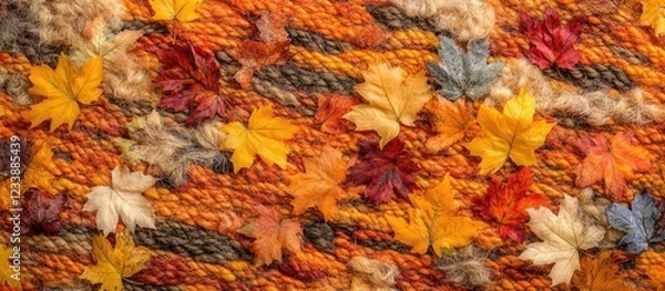 Fototapeta Colorful autumn leaves arranged on textured fabric background with warm tones and soft focus Copy Space