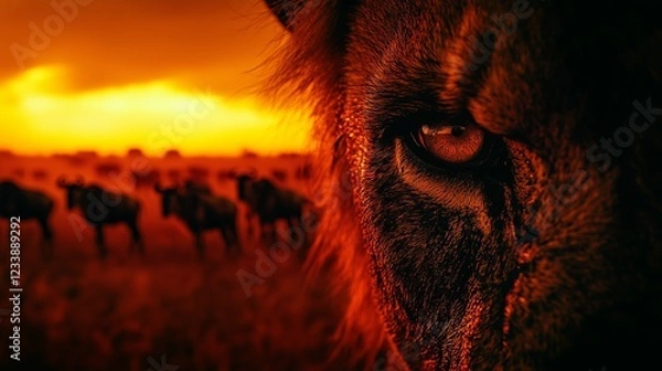 Obraz The face of a regal lion fades into a panoramic view of the African savanna, where a herd of wildebeests grazes under a fiery sunset.