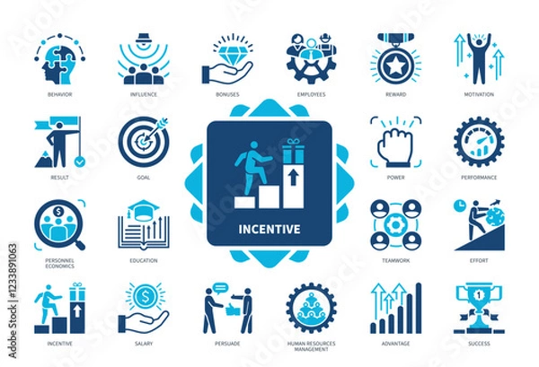 Obraz Incentive icon set. Motivation, Salary, Power, Effort, Reward, Goal, Result, Advantage. Duotone color solid icons