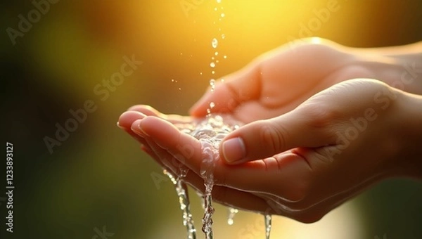 Fototapeta Hands Holding Splashing Water with Nature and Sunlight in Background