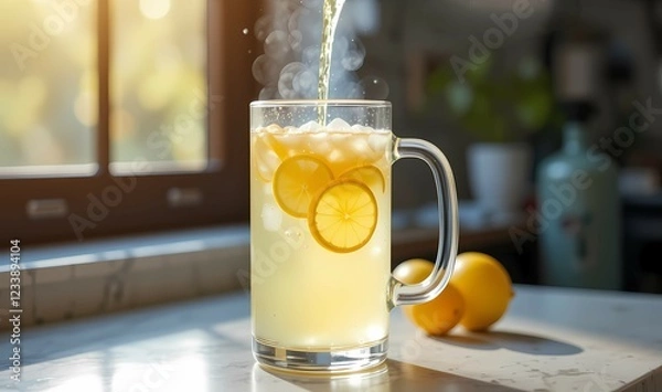 Obraz Pouring iced tea with lemon slices into a glass mug.