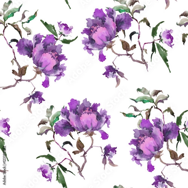 Fototapeta Seamless pattern with beautiful purple peonies on white background. Watercolor painting. Can be used in greeting cards, wallpapers, fabric, wrapping paper