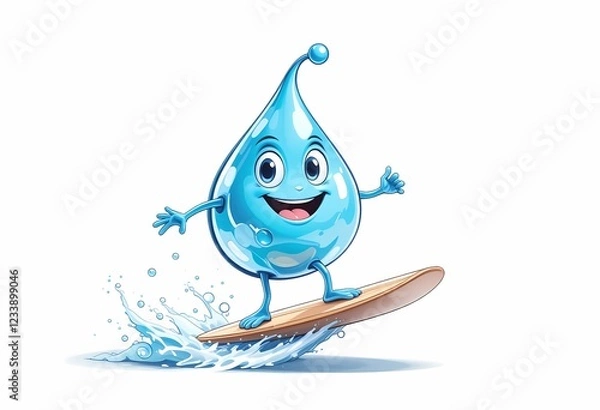 Obraz Cartoon water drop surfing on a wave.
