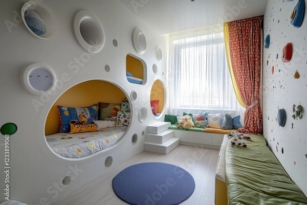 Fototapeta A modern Futuristic interior design style children's bedroom featuring a playful design with circular cutouts, colorful bedding, and decorative pillows. The room includes a cozy nook.