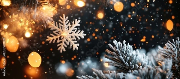 Fototapeta Close-up of snowflakes and pine branches with warm bokeh lights in winter setting
