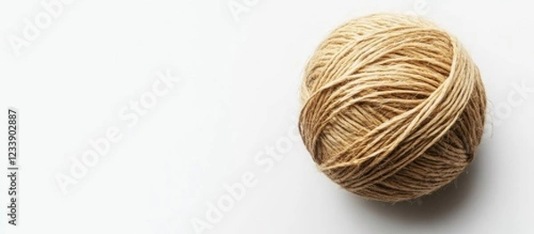 Fototapeta Brown yarn ball on white background with ample copy space for text placement