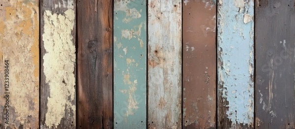 Fototapeta Weathered wooden planks with peeling paint in various colors and textures