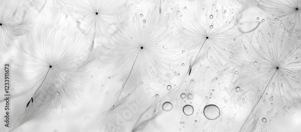 Fototapeta Black and white close-up of delicate dandelion seeds with water droplets on surface and Copy Space for text placement