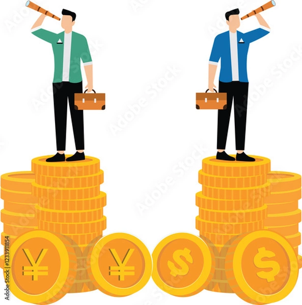 Fototapeta Currency Competition, Analyzing and Researching Competitors, International Investment Analysis, Businessman with Binoculars Standing on Yen Coins and Dollar Coins to Observe Each Other