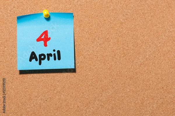Fototapeta April 4th. Day 4 of month, calendar on cork notice board, business background. Spring time, empty space for text