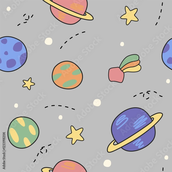 Fototapeta Cute vector space themed cartoon doodled on dark blue background with colorful planets