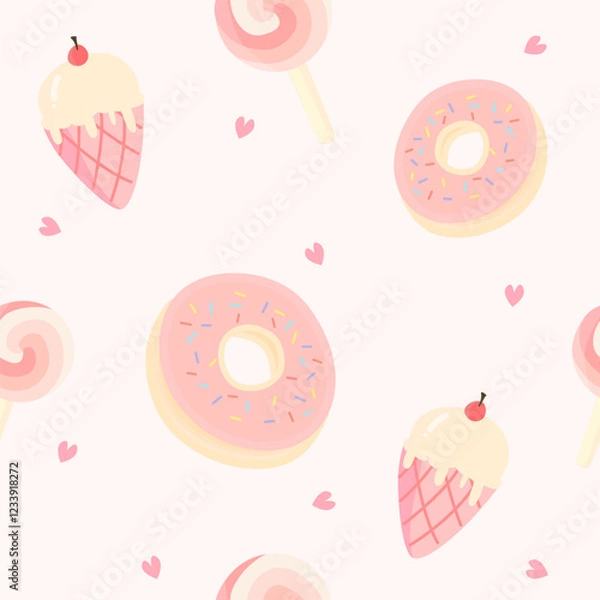 Fototapeta Dessert set seamless pattern in pink theme in love concept