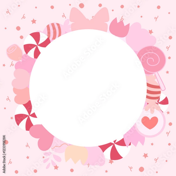 Fototapeta Set of cute pink tones items in sweet and love theme as frame around white circle copy space