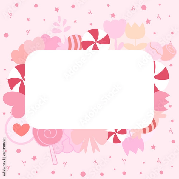 Fototapeta Set of cute pink tones items in sweet and love theme as frame around white rectangle copy space for valentine's day