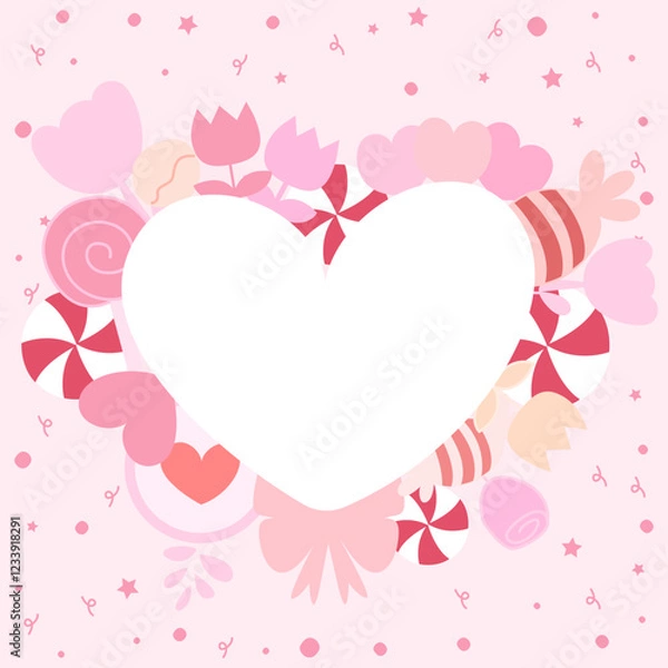 Fototapeta Set of cute pink tones items in sweet and love theme as frame around white heart copy space