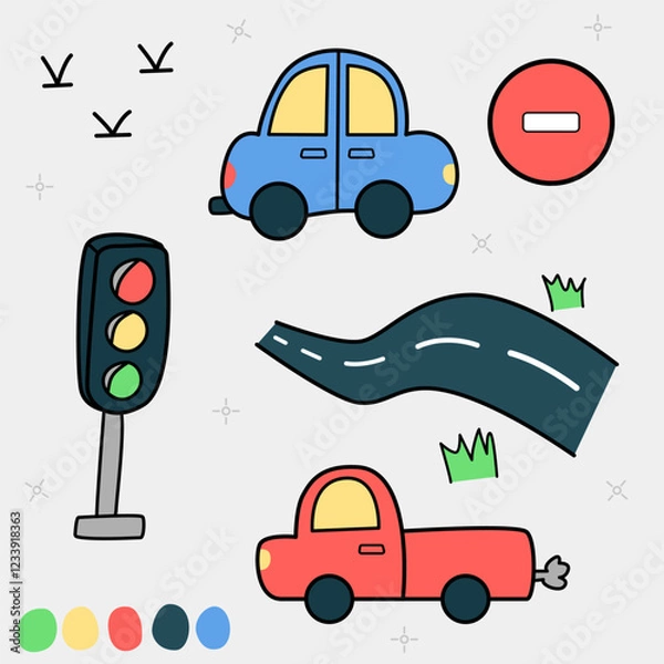 Fototapeta Vector doodle set of driving theme with cars, traffic light, road, do not enter sign, birds, and color palette on pale color background.