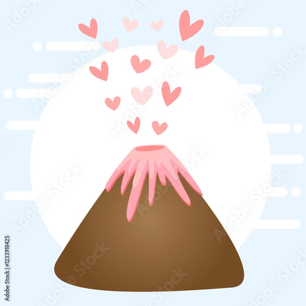 Fototapeta Cute vector illustration of erupting volcano with pink toned hearts erupted from the crater and pink lava
