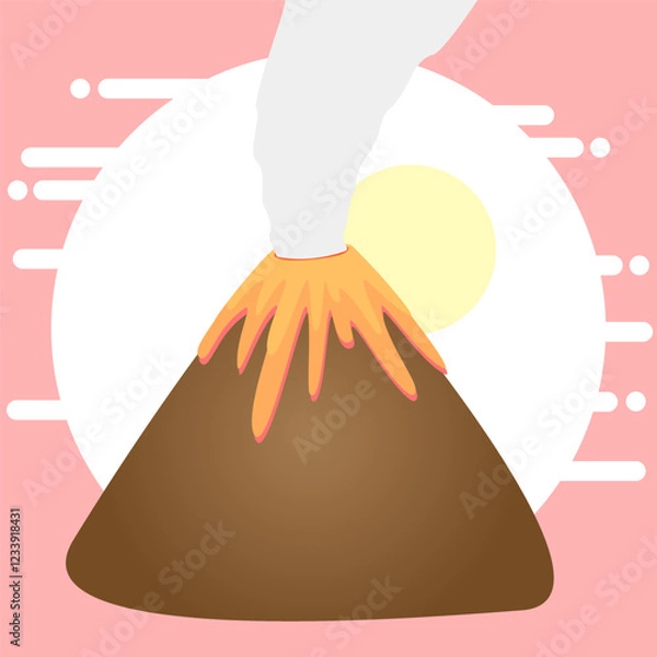 Fototapeta Vector illustration of erupting volcano with yellow sun