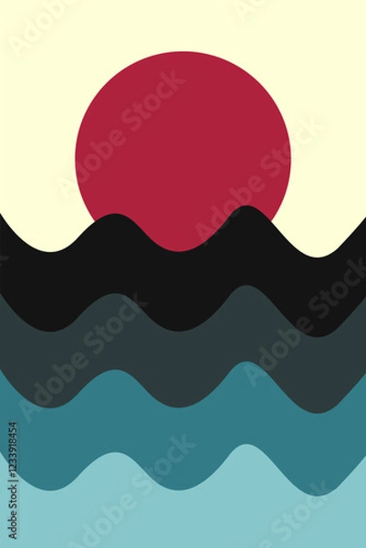 Fototapeta Simple illustration of sunset sky at the sea landscape with red sun, wavy ocean in vintage color tone