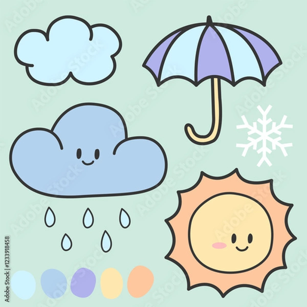 Fototapeta Cute vector weather themed cartoon drawn on pastel green background. Illustration of sun, raindrops, cloud, snowflake, and umbrella with pastel color palette