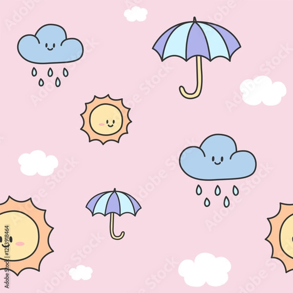 Fototapeta Cute vector seamless pattern of pastel weather themed cartoon with cloud, raindrop, umbrella, and sun on pink background
