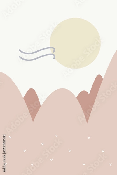 Fototapeta Seamless view illustrates mountains, hills and sun in beiges tone