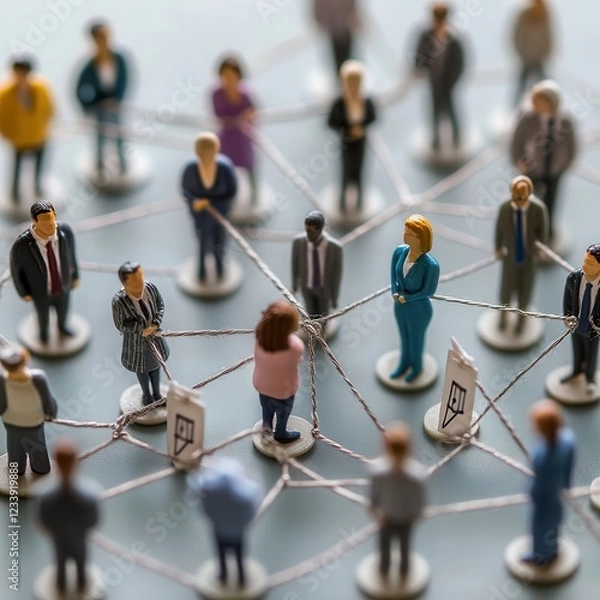 Fototapeta Career development thrives through professional networking, mentorship, and strategic growth. Miniature figures connected in a network formation.
