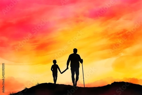 Fototapeta A man and a child are walking together in a beautiful sunset
