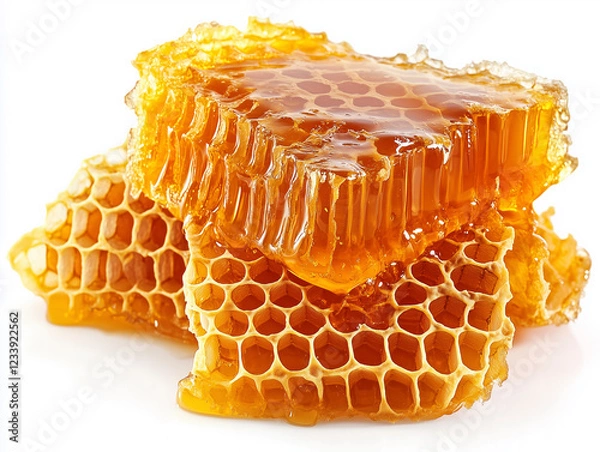 Fototapeta Crystal-clear shot of honeycomb oozing honey, isolated on a white backdrop, designed for marketing.
