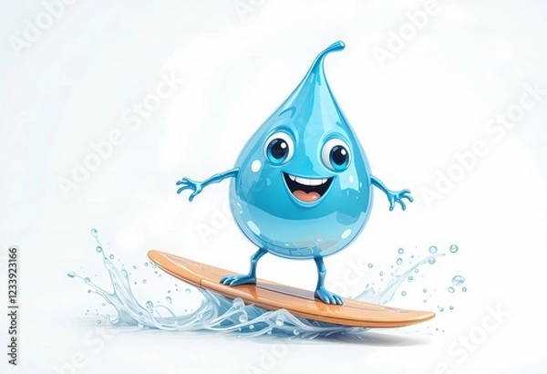 Obraz Cartoon water drop surfing on a wave.
