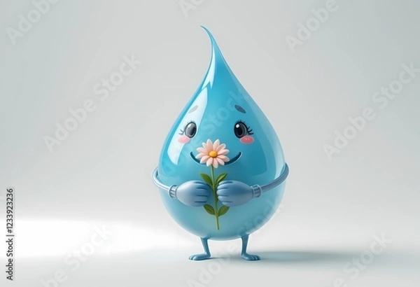 Obraz Adorable 3D render of a water droplet holding a flower.