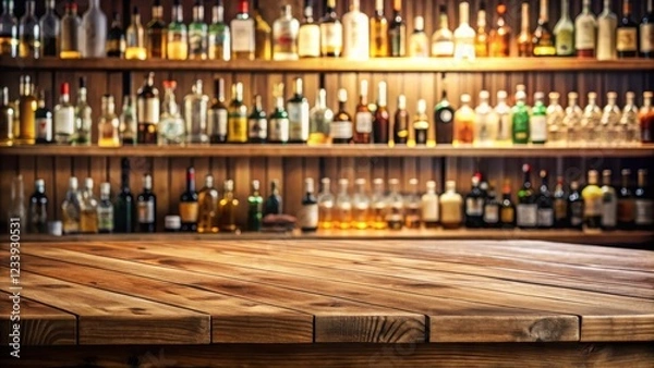 Fototapeta A wooden table with a clear top and blurred counter bar, surrounded by empty bottles in the background