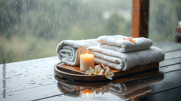 Fototapeta Spa still life art collection featuring serene spa scenes. copyspace for text