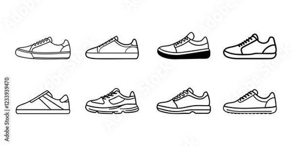 Fototapeta A collection of eight line icons depicting various sneaker designs with different soles and details